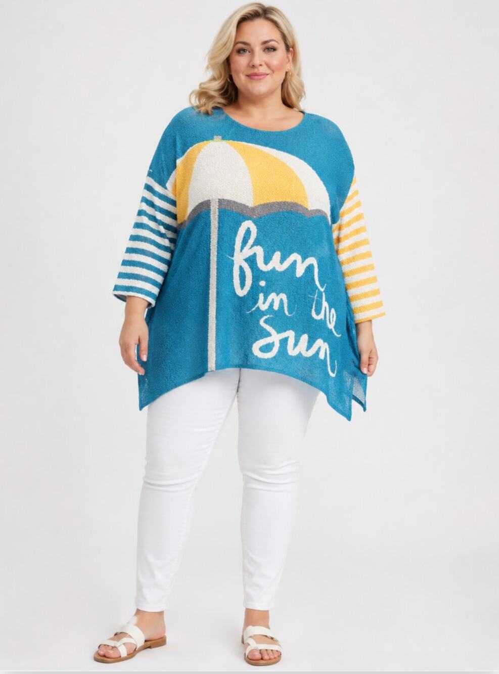 NWT Berek Fun In The Sun Novelty Knit Top 3X Plus Blue Umbrella Sharkbite Hem